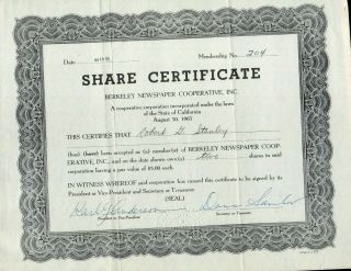 1963 Berkeley.  Newspaper Cooperative Share Certificate With Signatures