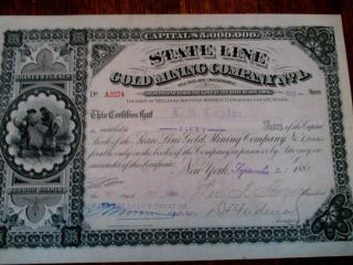 1887 State Line Gold Mining Company 1 Stock Certificate - Esmeraldo Co.  Nevada