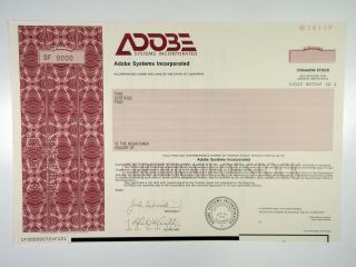 Ca.  Adobe Systems Inc. ,  1988 Specimen Stock Certificate,  Xf