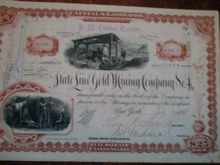 1887 State Line Gold Mining Company Stock Certificate - Esmeraldo County Nevada