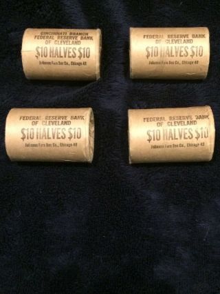 1964 Kennedy Halves 4 Rolls Uncirculated 80 Coins.  Cleveland Fed.  Reserve.