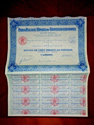 Pera Palace Hotel De Constantinople,  Share Certificate 1922