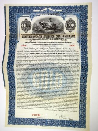 Italy.  Lombard Electric Co. ,  1926 Specimen $1000 Gold Coupon Bond Repaired Abn