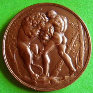 Art Nouveau Nude Hercules & Nemean Lion Wrestling Bronze Medal By C Loudray
