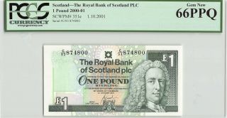 Scotland - The Royal Bank Of Scotland Plc 2001 P - 351e Pcgs Gem 66 Ppq 1 Pound