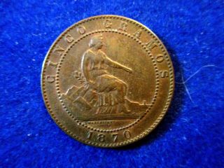 1870 Om Spain 5 Centimos Km 662 Higher Grade Coin