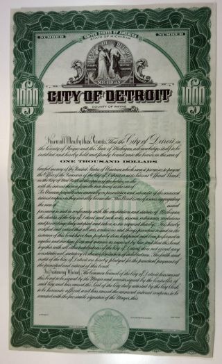 Mi.  City Of Detroit,  1930s $1,  000 Specimen Coupon Bond,  Xf