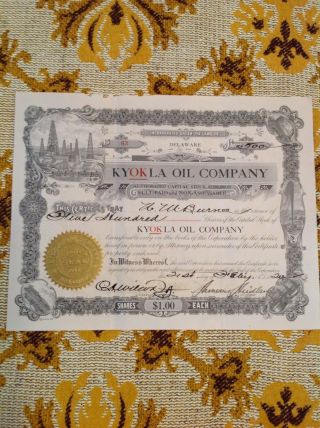 Antique Vintage Kyokla Oil Company Stock Certificate 500 Shares 1920