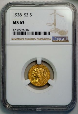1928 $2.  5 Us Indian Head Gold Quarter Eagle Coin (ngc Ms 63 Ms63) (a8781)