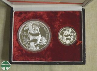1987 China Silver Panda 2 Pc.  Set - 50 Yuan 5 Oz & 10 Yuan 1 Oz W/ Box