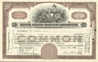 Boston Herald - Traveler Newspaper Stock Certificate