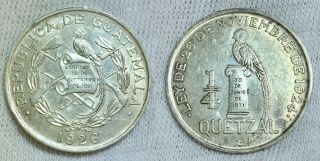1926 Guatemala Silver 1/4 Quetzal Coin - Km 243.  1 - Domestic
