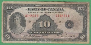 1935 Bank Of Canada $10 Dollar Note - A148314 - Vg