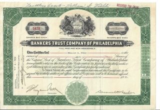 Bankers Trust Company Of Philadelphia.  1929 Common Stock Certificate