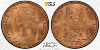 R195 Great Britain 1862 1/2 Penny S - 3956 Pcgs Ms - 65,  Full Red 2nd Finest