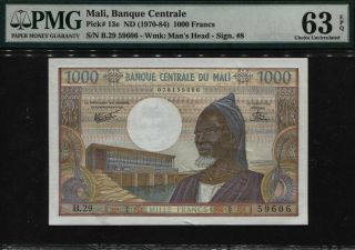 Tt Pk 13e 1970 - 84 Mali Banque Centrale 1000 Francs Pmg 63 Epq Choice Unc