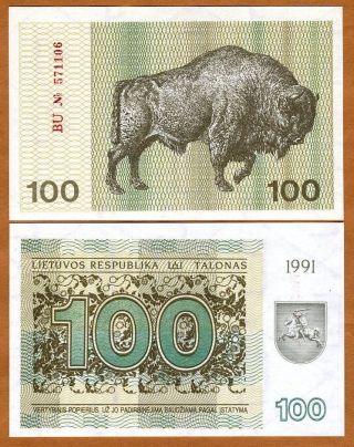 Lithuania,  100 Talonas,  1991,  Pick 38 (38b),  Unc Bison