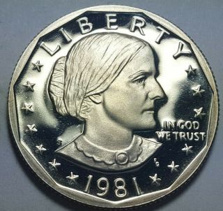 1981 - S Type 1 Clear " S " Susan B.  Anthony Dollar Proof Deep Cameo Bu