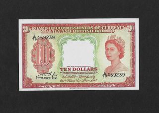 Ef,  10 Dollars 1953 Malaya & British Borneo England Singapore Straits Brunei