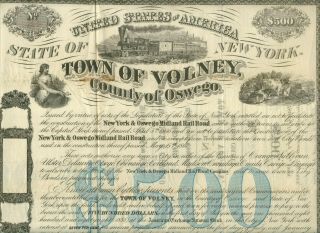 1868 Town Of Volney York & Oswego Midland Rail Road $500 Bond Certificate