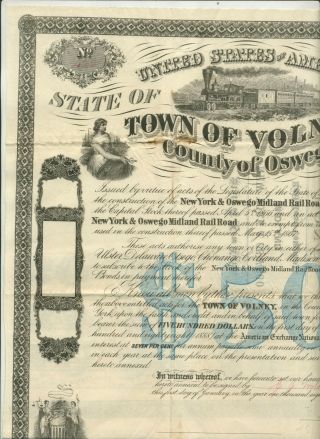 1868 TOWN OF VOLNEY YORK & OSWEGO MIDLAND RAIL ROAD $500 BOND CERTIFICATE 2