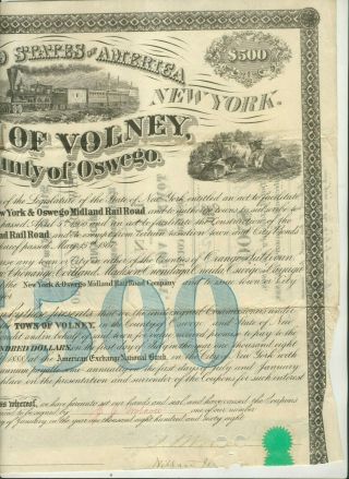 1868 TOWN OF VOLNEY YORK & OSWEGO MIDLAND RAIL ROAD $500 BOND CERTIFICATE 3