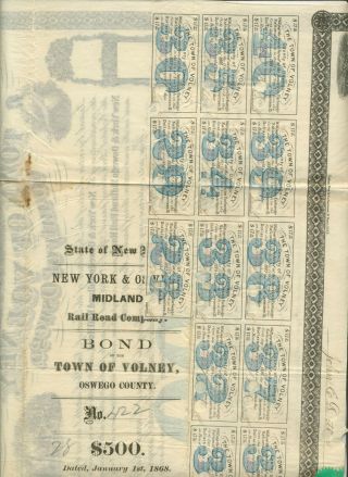 1868 TOWN OF VOLNEY YORK & OSWEGO MIDLAND RAIL ROAD $500 BOND CERTIFICATE 4