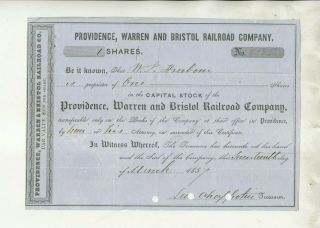 1857 Providence Warren & Bristol Railroad Company.  Stock Certificate