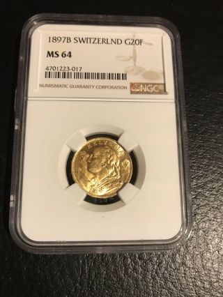 1897 Gold Switzerland Helvetia 20 Francs Ngc Ms 65 Coin Swiss Miss Alps