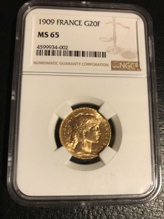 1909 Gold French Rooster 20 Francs Ngc Ms 65 Coin France