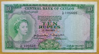 Central Bank Of Ceylon Queen Ii 10 Rupees 01 - 07 - 1953 Very Fine Plus Grade.