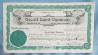 1926 San Luis Obispo California Orcutt Land Company Stock - No.  99 For 1 Share