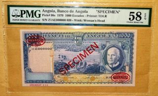 Banco De Angola 1000 Escudos Ad 1970 Specimen Pmg Epq 58 Choice About Unc