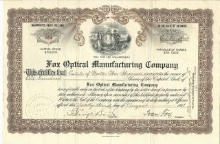 Pennsylvania Fox Optical Manufacturing Co Stock Certificate 1911 Philadelphia