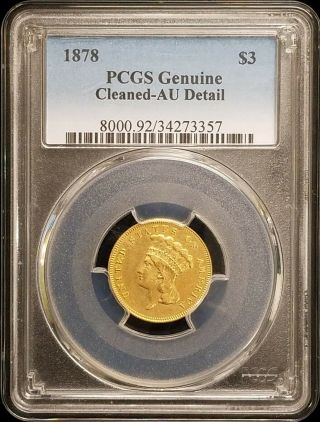 1878 Indian Princess $3 Three Dollar Gold Coin Pcgs Au Detail