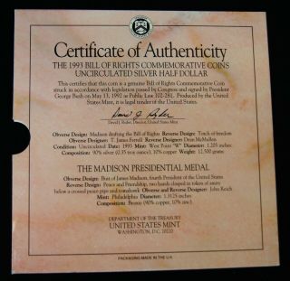 1993 - W Bill of Rights Comm.  Silver Half Dollar & Madison Presidential Medal 2