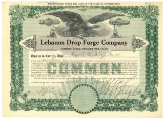 Lebanon Drop Forge Company.  Stock Certificate.  Pennsylvania
