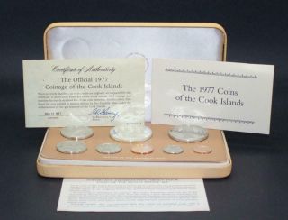 1977 Cook Islands 8 Coin Proof Set $5 Silver Coin W/ Box,  Papers &
