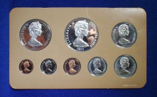 1977 COOK ISLANDS 8 COIN PROOF SET $5 SILVER COIN w/ BOX,  PAPERS & 3