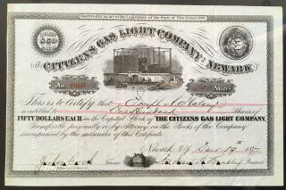 Citizens Gas Light Company Of Newark Stock 1877.  Newark,  Nj Early Gas Utility Vf