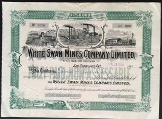 White Swan Mines Co Ltd.  Stock 1904.  Baker City,  Or Gold Mines.  Cert.