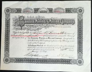 Bandora Mining & Milling Co Stock 1892.  Silverton,  Co.  Mineral Creek Silver.  Vf,