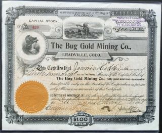 Bug Gold Mining Company Stock 1908.  Leadville,  Colorado (lake County).  Rare.  Vf,