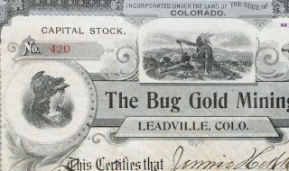 BUG GOLD MINING COMPANY Stock 1908.  Leadville,  Colorado (Lake County).  RARE.  VF, 2