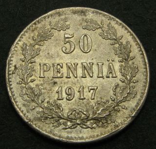 Finland 50 Pennia 1917 S - Silver - Nicholas Ii.  - Xf - 2716