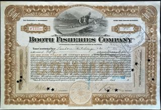 Booth Fisheries Company Stock 1925.  North American Fishing,  Canning & Marketing