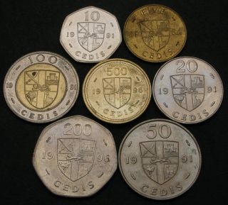 Ghana 5,  10,  20,  50,  100,  200,  500 Cedis 1984/1996 - 7 Coins.  - 2712