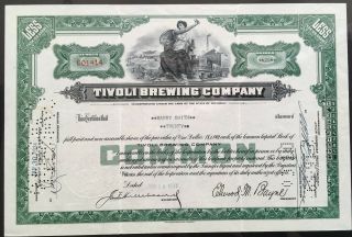 Tivoli Brewing Company Stock 1934.  Detroit,  Michigan.  Est.  1898.  Became Carling