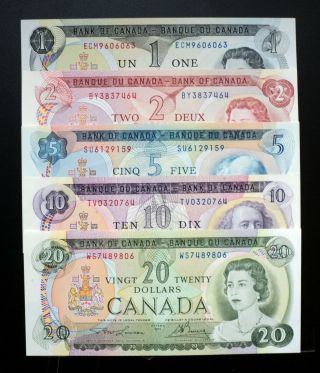 1969 - 1975 Bank Of Canada Set Of 5 Notes $1,  $2,  $5,  $10,  $20 Dollars (au,  Unc)