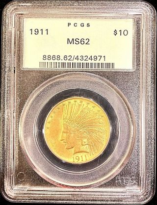 1911 $10 American Gold Eagle Indian Head Ms62 Pcgs Og Green Slab Lustrous Coin